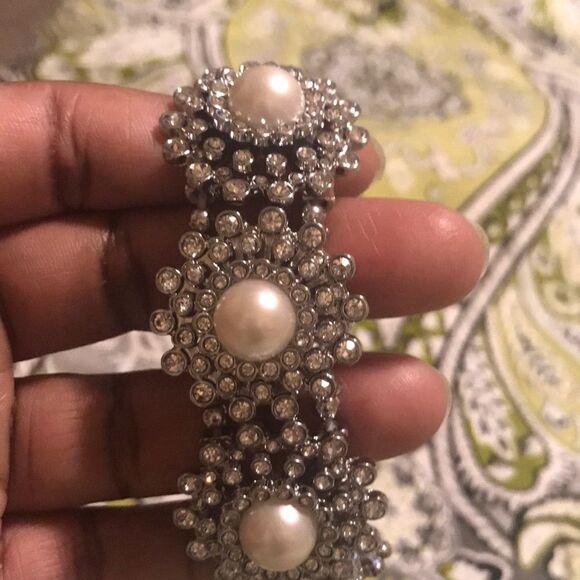 Ann Taylor Jewelry - Faux Pearl Rhinestone Statement Bracelet Glam Wedding Jewelry